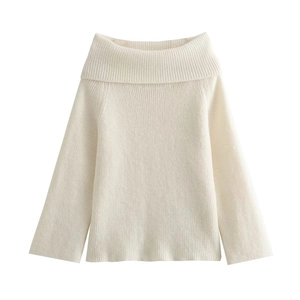 Elegant off-the-shoulder pearl white knit sweater with long sleeves and fold-over neckline