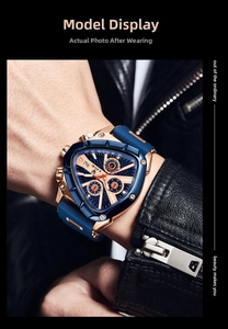 Detailed view of LIGE triangle chronograph watch with blue dial and silicone strap