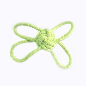 Detailed view of green and white woven cotton rope knot toy for dog chewing and training