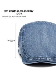 Detail shot of washed denim flat cap with a 10cm depth dimension measurement guide