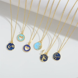 Gold sun moon heart enamel pendant necklaces set with blue drip oil and white zircon
