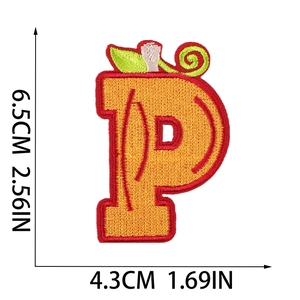 Detail of pumpkin-themed letter P embroidery patch with dimensions 6.5cm by 4.3cm