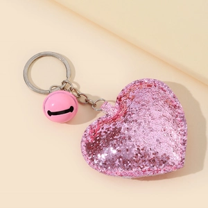 Pink heart keychain with glitter sequins and small bell on silver metal ring
