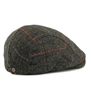 Classic gray herringbone flat cap with subtle orange and blue plaid lines for men