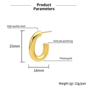 Polished 18K gold plated stainless steel U-shaped chunky hoop earrings for women
