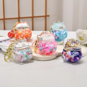 Lucky Cat Keychain Acrylic Quicksand Floating Liquid Backpack Bag Charm Cute Maneki Neko Transparent Glitter Pendant