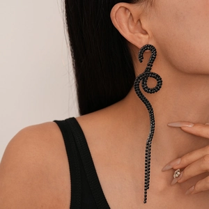 Exaggerated black rhinestone snake-shaped tassel earrings for women with silver pins
