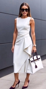 Close-up of white sleeveless dress showing side waist pleating and premium fabric texture