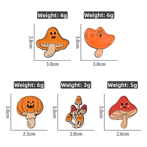 Detailed size and weight specs for Halloween pumpkin and mushroom enamel pins