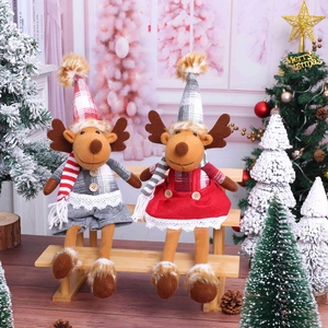 Christmas Reindeer Plush Dolls Long Legged Sitting Reindeer Figurine Polyester Knit Fabric Wood For Home Holiday Decor
