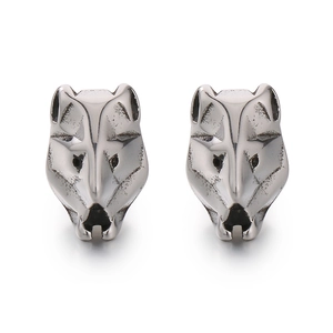 Vintage stainless steel wolf head stud earrings with a 3D wolf design in silver finish