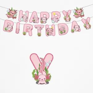 Pink Axolotl Happy Birthday paper banner set with detailed size dimensions for party decor
