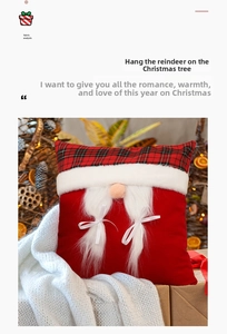 Detail of red velvet Christmas gnome pillowcase with white fur trim and ribbon ties