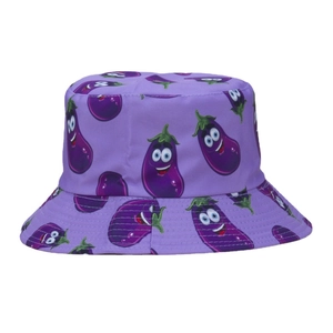 Purple bucket hat with cute cartoon eggplant print in a flat lay view on white background