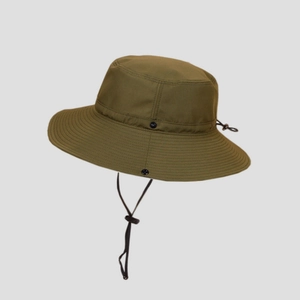 Detail of outdoor sun hat featuring wide brim and adjustable windproof chin strap