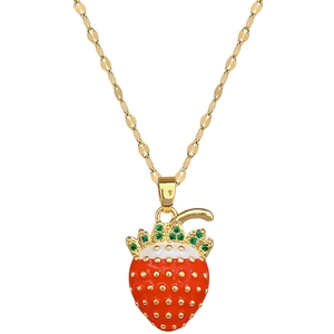 Luxury titanium steel necklace with a glittering red strawberry pendant on a gold chain