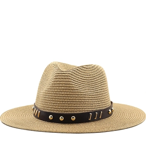 Fedora Straw Hat Wide Brim Sun Protection Summer Beach Vacation Retro Rivet Leather Band For Men Women