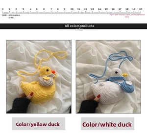 Detail view of yellow and white knitted duck shoulder bags with manual measurement