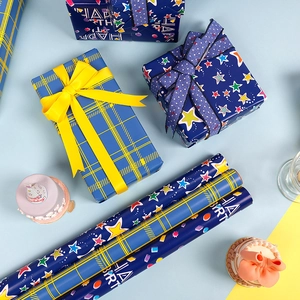 Detail of Happy Birthday wrapping paper with star patterns and matching ribbon bows