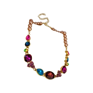 Vintage French gold necklace with colorful teardrop gemstones and pearl chain