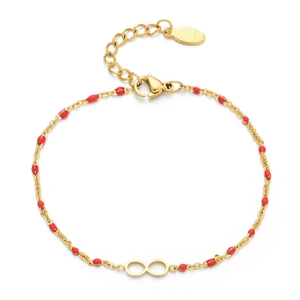 Bohemian gold infinity bracelet with red beads and lobster clasp on white background