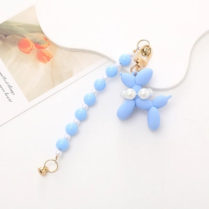 Blue balloon dog charm with faux pearl chain and gold hardware for phone cases