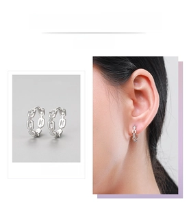 Detail view of S925 sterling silver chain link earrings with white pavé cubic zirconia