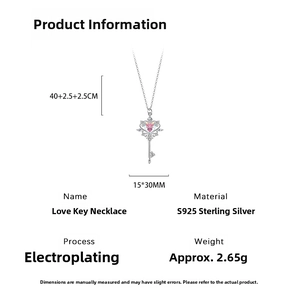 Detailed specs of S925 sterling silver heart key necklace with dimensions and 2.65g weight