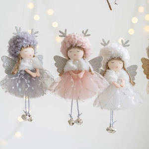 Three plush Christmas angel doll pendants with antlers and sequins for tree decoration