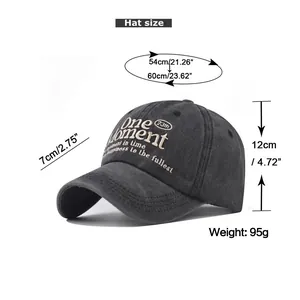 Detailed size chart for washed cotton baseball cap with One Moment embroidery dimensions
