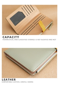 Detail of light green litchi leather texture and internal card slots with zipper pocket