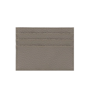 Detail shot of grey pebbled leather card holder featuring three precision-stitched card slots