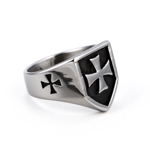 Vintage stainless steel cross shield ring for men with retro brushed metal finish