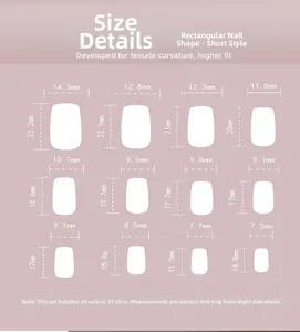 Size chart for 24pcs French short square press-on nails with 12 precise dimensions