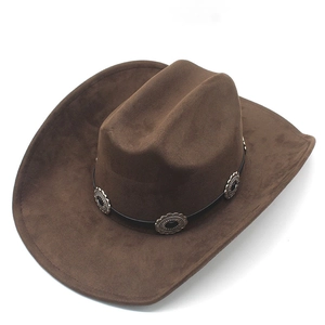 Detailed top view of dark brown suede cowboy hat with silver studs on black band