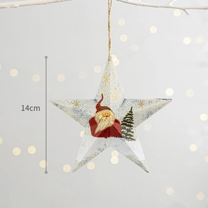 Christmas iron star hanging ornament with Santa Claus and tree pattern, size 14cm