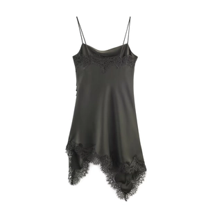 Elegant black satin slip dress with delicate lace trim and eyelash lace hem