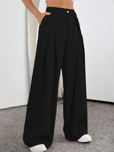 Women's black high-waisted wide-leg trousers with elegant drape for office wear