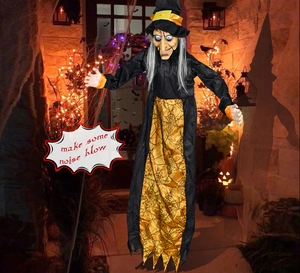 Animated hanging witch with spiderweb robe and sound activation for Halloween porch decor