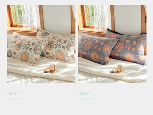 Detail of four-layer cotton gauze pillow covers with vintage floral bohemian patterns