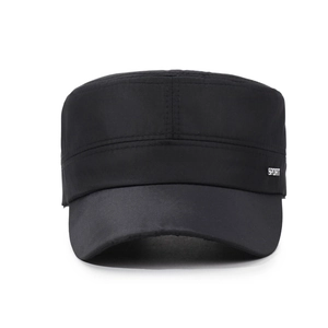 Classic black flat top cadet cap with metal sport badge for outdoor sun protection