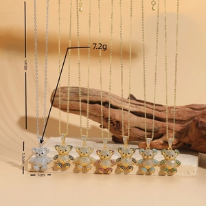 Teddy bear zircon pendants in gold and silver finish with colorful rhinestone inlay
