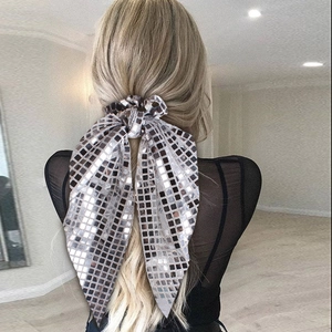 Sequin Scrunchies With Long Streamers Shiny Square Mosaic Patterns Metallic Reflective Bow Hair Ties For Women