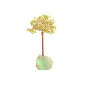 Handmade green crystal tree of life sculpture with copper wire and raw gemstone base