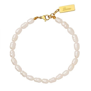 French Style Titanium Steel Bracelet With 18K Gold Plating Irregular Freshwater Pearl Love Letter Tag Women Jewelry