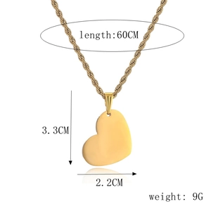 Detailed size chart for the gold heart pendant showing the 60cm twist chain and dimensions