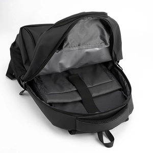 Large capacity black oxford travel backpack with padded laptop compartment and luggage strap