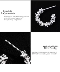 Close-up of S999 sterling silver C-shaped earrings with unique crushed silver texture