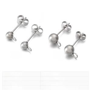Detail of 4mm and 6mm stainless steel ball stud earrings with open loops for DIY jewelry