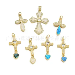 Gold cross necklaces with zircon and colorful opal stone pendants in various designs